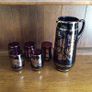 Vintage 60s Bohemian purple Amethyst Glass Pitcher Gold roses W/ 5 matching glasses Image 5