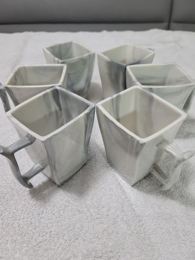 Stylish Modern Porcelain China Square 55 Piece Dinner Set, Marble Grey, Dinnerware, Dinner Party Set. Plates, Cups Mugs Bowls Egg Cups