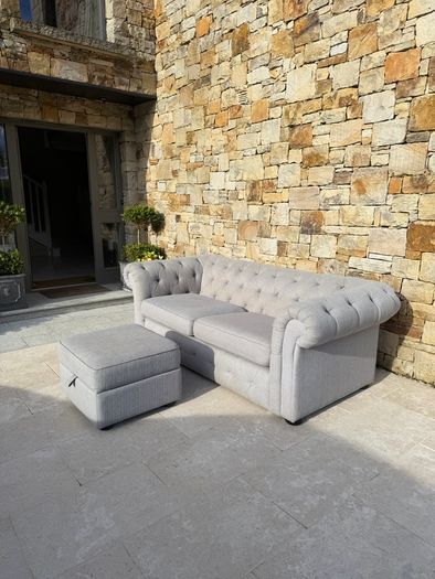 Beautiful grey chesterfield sofa & storage pouffe