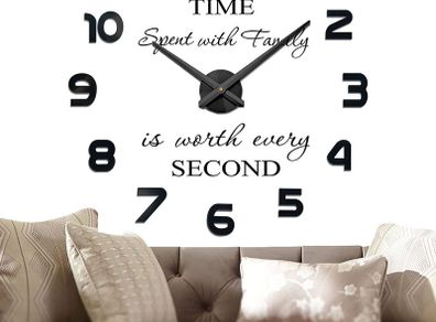 Modern Mute DIY Frameless Large Wall Clock 3D Mirror Sticker Metal Big Watches Home Office Decorations (Black-2)