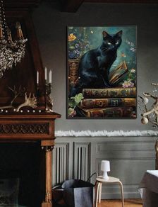Witchy Cat in a Library - 'Guardian of the knowledge' - house decoration