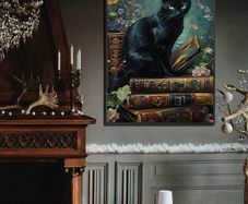 Witchy Cat in a Library - 'Guardian of the knowledge' - house decoration