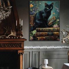 Witchy Cat in a Library - 'Guardian of the knowledge' - house decoration
