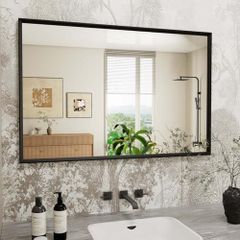 Black Bathroom Mirror, 60x90cm Polymer Frame Rectangular Wall Mirror with Vintage Texture & Tempered Glass, Waterproof Horizontal or Vertical Home Decor for Bathroom, Bedroom, Living Room