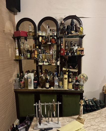 Vintage 1970s Home Bar Set, Curved Green Velvet Bar, Mirrored Back Bar and 3 Stools