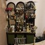 Vintage 1970s Home Bar Set, Curved Green Velvet Bar, Mirrored Back Bar and 3 Stools Image 3