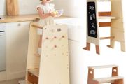 Learning Tower with Removable Step Stool, 2-in-1 Wooden Learning Tower for Kids with Blackboard, 3 Adjustable Height, Step Stool for Kitchen Bathroom Kids 2-6 Year Old