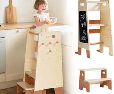 Learning Tower with Removable Step Stool, 2-in-1 Wooden Learning Tower for Kids with Blackboard, 3 Adjustable Height, Step Stool for Kitchen Bathroom Kids 2-6 Year Old