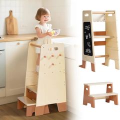 Learning Tower with Removable Step Stool, 2-in-1 Wooden Learning Tower for Kids with Blackboard, 3 Adjustable Height, Step Stool for Kitchen Bathroom Kids 2-6 Year Old