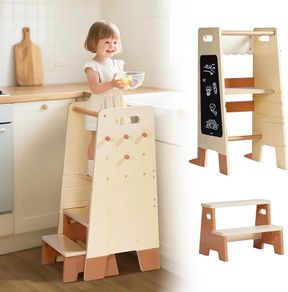 Learning Tower with Removable Step Stool, 2-in-1 Wooden Learning Tower for Kids with Blackboard, 3 Adjustable Height, Step Stool for Kitchen Bathroom Kids 2-6 Year Old