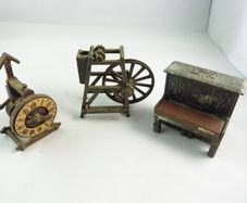 Vintage Diecast Pencil Sharpeners x3 Clock, Spinning Wheel & Playme Piano