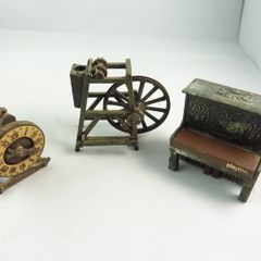 Vintage Diecast Pencil Sharpeners x3 Clock, Spinning Wheel & Playme Piano