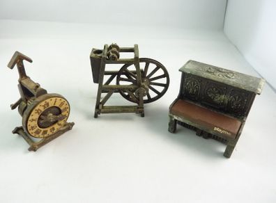 Vintage Diecast Pencil Sharpeners x3 Clock, Spinning Wheel & Playme Piano
