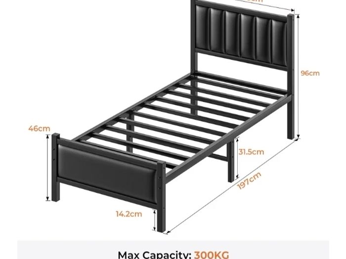 Single Bed Frame with Upholstered Headboard, 3ft Metal Beds with Sturdy Steel Slats Support Platform, Black Single Bed with Storage, Noise Free, Easy Assembly, No Box Spring Needed