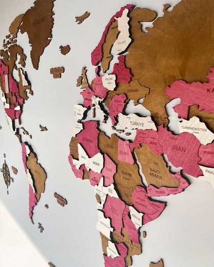 3D Classic Wooden World Map with Country Borders Country Names Capital Names US and Canada Borders and Names 3D Map Effect