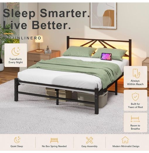 Double Bed Frame with Charging Station,LED Headboard,Black Modern Geometric Headboard Metal Platform Bed Frame for bedroom,Under Bed Storage Space,No Box Spring Needed,Easy Assembly