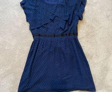 Wren 100% silk Navy blue polka dot short sleeved dress with flouncy collar in size M