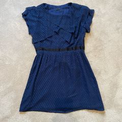 Wren 100% silk Navy blue polka dot short sleeved dress with flouncy collar in size M