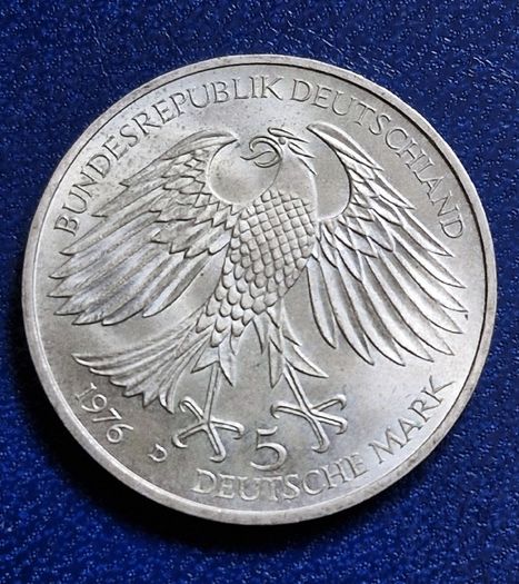1976 Germany Silver 5 Mark 300th Anniversary - Death of Hans Jakob Christoffel von Grimmelshausen