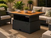 Adjustable Poly Rattan Garden Table Lift Top Outdoor Dining and Coffee Table 110 x 110 cm Acacia Wood Top