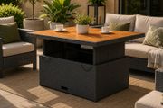 Adjustable Poly Rattan Garden Table Lift Top Outdoor Dining and Coffee Table 110 x 110 cm Acacia Wood Top