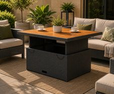 Adjustable Poly Rattan Garden Table Lift Top Outdoor Dining and Coffee Table 110 x 110 cm Acacia Wood Top