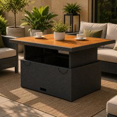 Adjustable Poly Rattan Garden Table Lift Top Outdoor Dining and Coffee Table 110 x 110 cm Acacia Wood Top