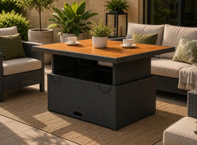 Adjustable Poly Rattan Garden Table Lift Top Outdoor Dining and Coffee Table 110 x 110 cm Acacia Wood Top