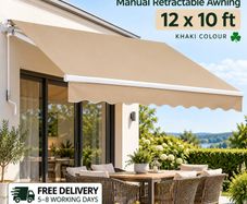 Manual Retractable Awning, 12 x 10 ft Outdoor Patio Awning Retractable Sun Shade, Water-Resistant Polyester Patio Door Window Awning Sunshade Shelter with Crank Handle for Backyard, Balcony