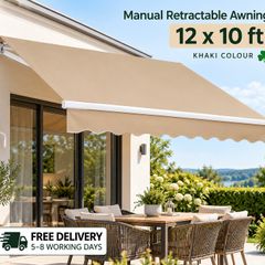 Manual Retractable Awning, 12 x 10 ft Outdoor Patio Awning Retractable Sun Shade, Water-Resistant Polyester Patio Door Window Awning Sunshade Shelter with Crank Handle for Backyard, Balcony