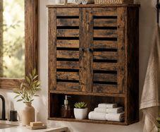 Rustic Wall-Mounted Bathroom Cabinet  Vintage Wooden Storage Cabinet with Adjustable Shelf & Open Storage