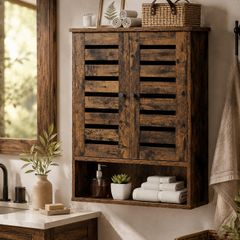 Rustic Wall-Mounted Bathroom Cabinet  Vintage Wooden Storage Cabinet with Adjustable Shelf & Open Storage