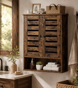 Rustic Wall-Mounted Bathroom Cabinet  Vintage Wooden Storage Cabinet with Adjustable Shelf & Open Storage