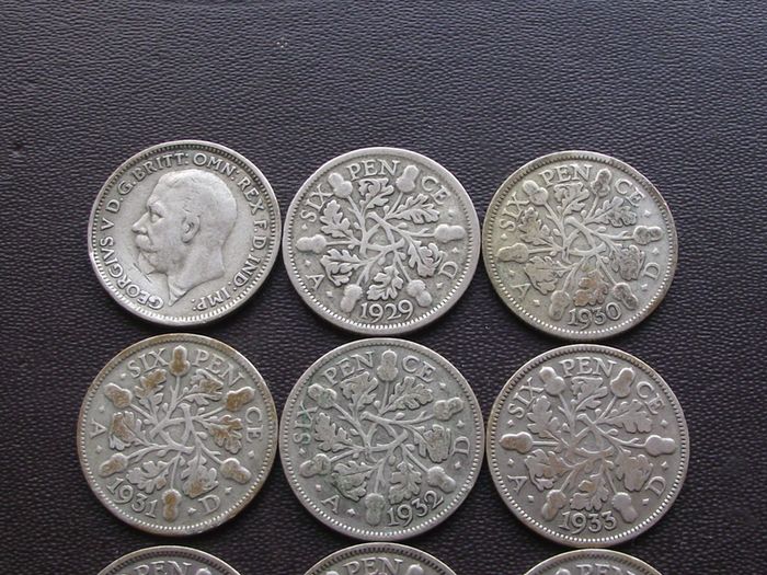 Great Britain. George V. 9 Silver@6 pence Run of the years (1928-1936)