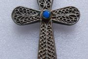 Vintage Turquoise  Large 4" Cross Pendant and unusual Chain length 34"