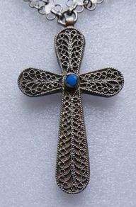 Vintage Turquoise  Large 4" Cross Pendant and unusual Chain length 34"