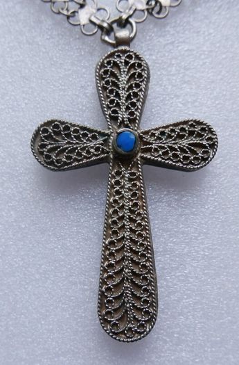 Vintage Turquoise  Large 4" Cross Pendant and unusual Chain length 34"