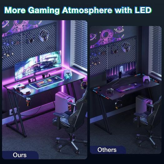 Gaming Desk with LED Lights Table Cup Holder and Headphone Hook Double Z Frame Design Computer Carbon Fiber Black 80 cm