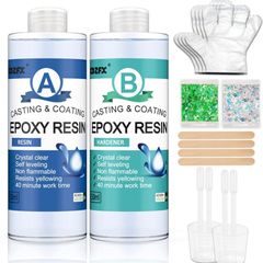 Epoxy Resin and Hardener Kit 300ml/325g - 2 Part Crystal Clear Resin Coating for Wood, Bar, Table, Jewelry Making, Craft Decoration, Bonus Resin Glitter, Gloves, Measuring Cup and Wooden Sticks (FREE POSTAGE)