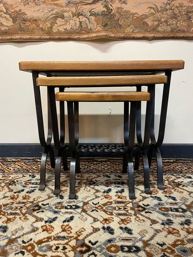 FLAS SALE ! WAS 350 NOW 250 ! Wrought Iron and Oak Top Nest of Tables .