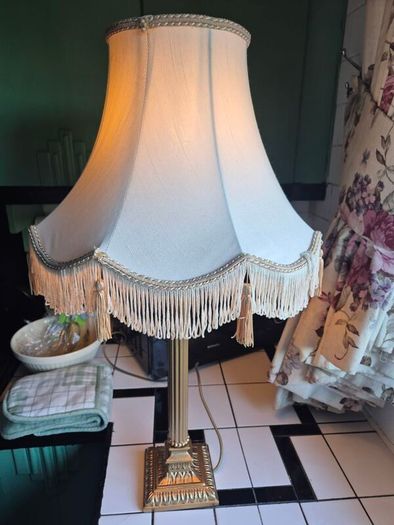 Tall lamp Vintage Gold metal Neoclassical  column lamp with silk called fringed tassled shade
