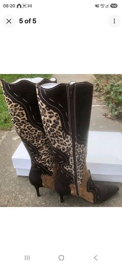 Vicki Beth Brown Animal Print Heeled Boots Pointed Toe Mid Heel UK 4 EU 37