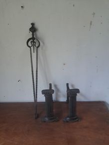 2 old iron stands and fire iron