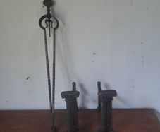 2 old iron stands and fire iron