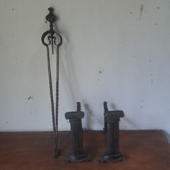 2 old iron stands and fire iron