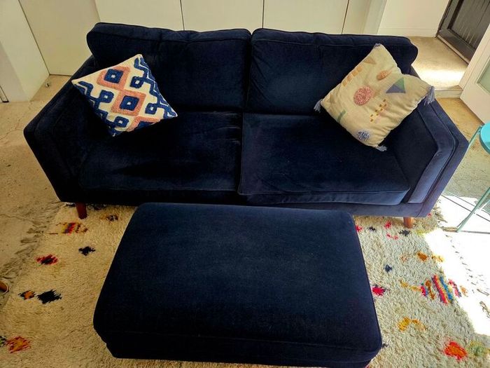 Navy Velvet 2-Seater Couch and Matching Ottoman