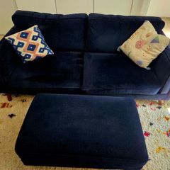 Navy Velvet 2-Seater Couch and Matching Ottoman
