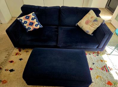 Navy Velvet 2-Seater Couch and Matching Ottoman