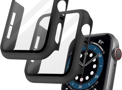OFFCUP Case with Screen Protector Compatible, 2pcs Hard Case Designed for Apple Watch Series 6/5/4/SE 44mm with Tempered Glass Screen Protector Built-in Tempered Glass Film High Sensitivity (Black)