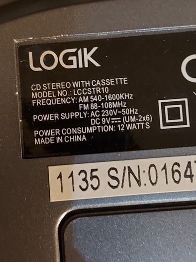 Logik CD Stereo With Cassette, Model LCCSTR10, in good condition, Radio and CD work fine, Tape play button not staying engaged, Forward and rewind work